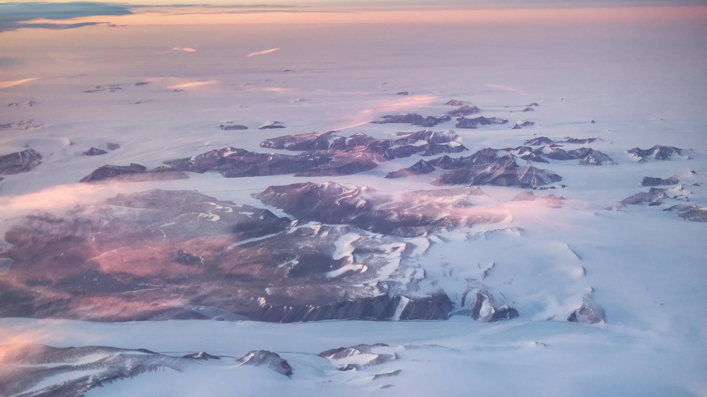 Aerial view of snow-covered Greenland fjords