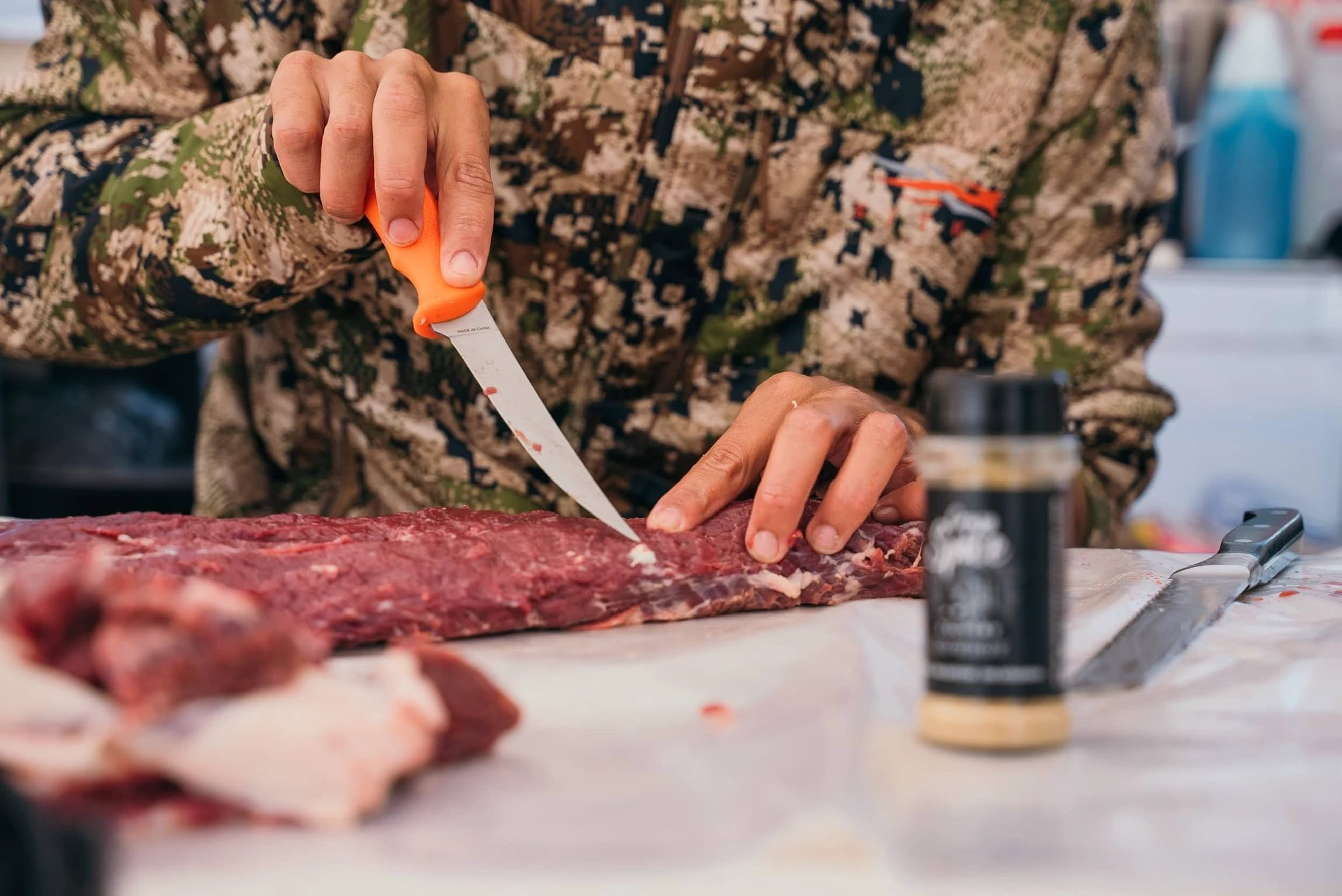 Caribou tenderloin in the field kitchen